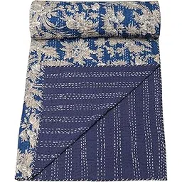 Premium Jaipuri Kantha Bedcover - Soft & Pure Cotton, Handcrafted & Handstitched Bedsheet/Gudri, King Size 90x108 inches (for Double Bed), Floral Pattern, (Blue)-image-38