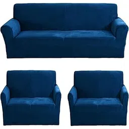 Premium Velvet Sofa Cover 3 Seater and 2 Seater Fully Covered Universal 5 Seater Sofa Cover Non-Slip Sticky Elastic Stretchable Slipcover Protector for (3+1+1 Seater), Airforce Blue image 1