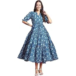 presha Women's Fit and Flare Pure Cotton Long Maxi Dress (SP-27 Blue)-picture-42
