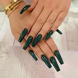 press on 20 pcs Dark Green || UV Gel glossy Finish Long coffin shape || press on fake Artificial Reusable Nail extension set || With Nail Glue sticker sheet & nails apply kit for girls women.(Dark Green)-picture-28