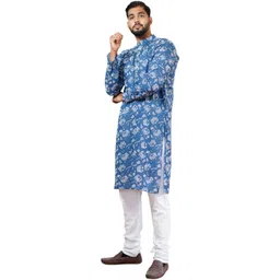 PRETANSHAH Men Floral Colourblocked Block Print Handloom Kurta-picture-29