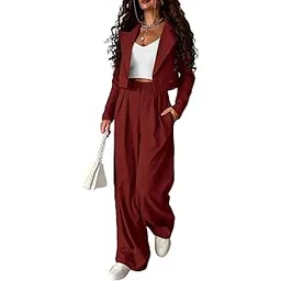prettygarden Women's 2 Piece Casual Outfits Cropped Blazer Jackets High Waisted Wide Leg Work Pants Suit Set-picture-44