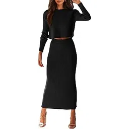 Women's Fall 2 Piece Sweater Set Rib Knit Long Sleeve Crop Top Maxi Bodycon Skirt Casual Winter Outfits-image-4