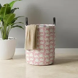 PrettyKrafts 45L Cotton Duck Printed Round Foldable Large Laundry Bag/Basket With Handle, Collapsible Freestanding Clothes Storage Organizer for Bedroom, Bathroom (36x36x45cm, Peach, Set of 1)-picture-26