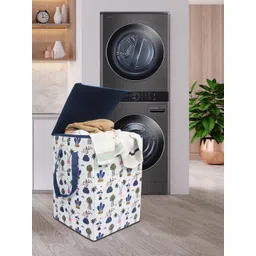 prettykrafts White & Blue Printed Foldable Laundry Basket With Lid-picture-32