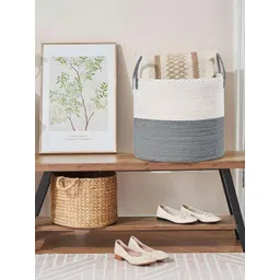prettykrafts White & Grey Textured Jute Laundry Basket-picture-56