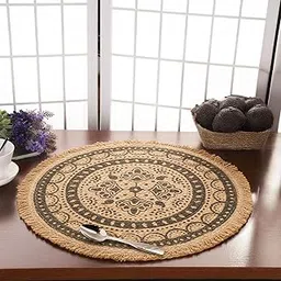 PrettyKrafts Printed Jute Round Mat with Fringes | Handwoven Eco-Friendly Floor Rug for Living Room, Bedroom & Home Décor | Soft, Durable & Stylish Round Carpet, Dust-Trapping Floor Mat (BeigeBlack)-picture-28