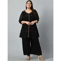 PrettyPlus by Desinoor.com Plus Size Floral Embroidered Beads & Stones Kurta with Palazzos-picture-22