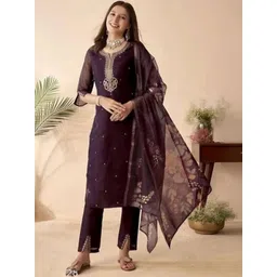 Previah Women Floral Embroidered Regular Thread Work Kurta with Trousers & With Dupatta-picture-27