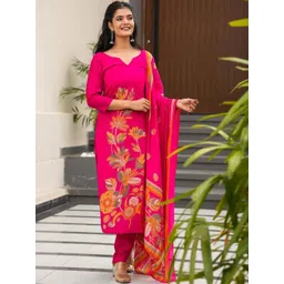 Previah Women Floral Printed Regular Chanderi Silk Kurta with Trousers & With Dupatta-picture-26