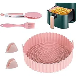 Prhavks 8’’ Air Fryer Silicone Liners with Mini Gloves Food Clip Oil Brush Set, Reusable Food Safe Silicon Bowl Air-fryer Round Basket Pot Baking Tray Air Fryer Oven Cooker Accessories (Pink)-picture-17