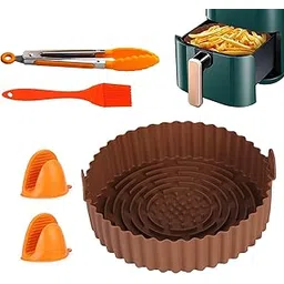 Prhavks 8 Inch Silicone Air Fryer Pot with Rubber Oven Gloves Oil Brush Food Clip Set, Reusable Round Airfryer Basket Accessories Silicone Liners Heat Resistant Food Bowl for 3 QT Air Fryers (Brown)-picture-28