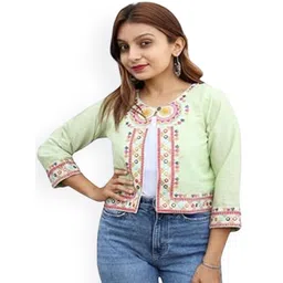 Prijam Ethnic Motifs Embroidered Crop Open Front Jacket-picture-31
