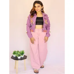 Prijam Floral Embroidered Spread Collar Thread Work Lightweight Denim Jacket-picture-31