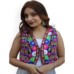Prijam Women Collarless Self Design Ethnic Denim Jacket-picture-15