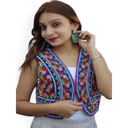 Prijam Women Collarless Self Design Ethnic Denim Jacket-picture-16