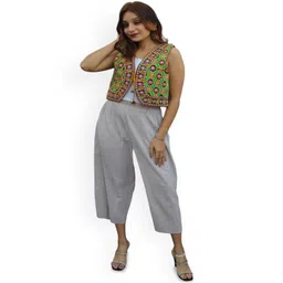 Prijam Women Collarless Self Design Ethnic Denim Jacket image 2