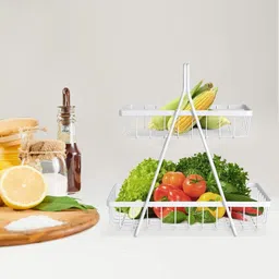 prime krafts 2 Tier Fruit Vegetable Snacks Organizer for Kitchen Dining Table with Handle Iron Fruit & Vegetable Basket image 4