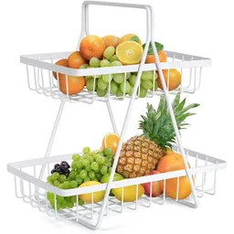 prime krafts 2 Tier Fruit Vegetable Snacks Organizer for Kitchen Dining Table with Handle Iron Fruit & Vegetable Basket image 1