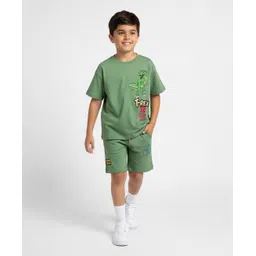 Primo Gino 100% Cotton Knit Half Sleeves Oversized T-Shirt & Shorts Set with Front & Back Dino Print - Green-picture-16