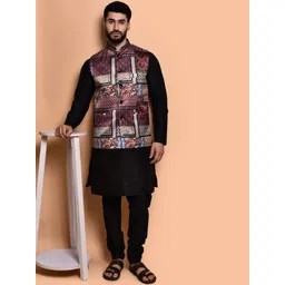 PRINTINDIA Mandarin Collar Pure Silk Straight Kurta with Churidar & Nehru Jacket-picture-27