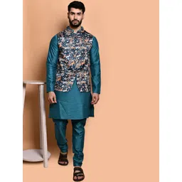 PRINTINDIA Mandarin Collar Pure Silk Straight Kurta with Trousers & Nehru Jacket-picture-15