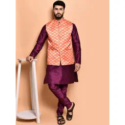 PRINTINDIA Mandarin Collar Pure Silk Straight Kurta With Trousers & Nehru jacket-picture-16