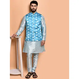 PRINTINDIA Mandarin Collar Pure Silk Straight Kurta with Trousers & Nehru Jacket-picture-18