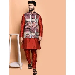 PRINTINDIA Mandarin Collar Pure Silk Straight Kurta with Trousers & Nehru Jacket-picture-21