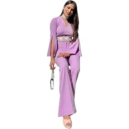 prisella Viola Lavender Co-Ord Set with Choker & Belt for Women | V-Neck Italian Crape Top with Slit Sleeves & High-Waist Pants for AM to PM Wear-picture-32