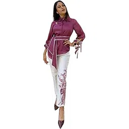prisella Vionne Mauve Co-Ord Set with Satin Organza Top, Cotton Silk Embroidered Pant and Belt | Ideal for Business & Semi Casual, Office Wear, Coffee Date-picture-23