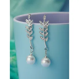 PRITA BY PRIYAASI Leaf American Diamond Pearl Drop Silver-Plated Earrings-picture-33