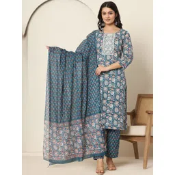 PRIVIE Floral Printed Thread Work Pure Cotton Straight Kurta With Trousers And Dupatta-picture-34