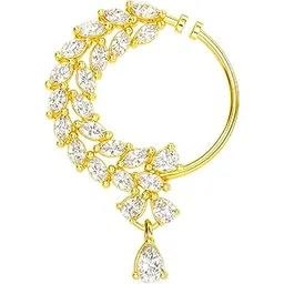 priviu Gold Plated White American Diamond Press-On Nose Ring | Non-Piercing Bridal Nath | Lightweight Clip-On Nose Pin for Women & Girls-picture-54