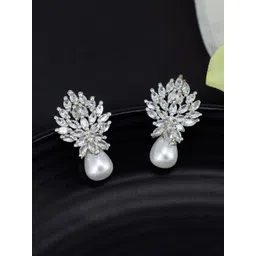 PRIVIU Rhodium Plated American Diamond Floral Drop Earrings-picture-22