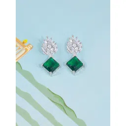 PRIVIU Rhodium-Plated American Diamond Stone Studded Geometric Drop Earrings image 1