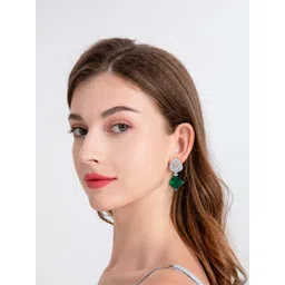 PRIVIU Rhodium-Plated American Diamond Stone Studded Geometric Drop Earrings image 4