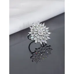 PRIVIU Rhodium-Plated Floral American Diamond Stone-Studded Adjustable Finger	Ring-picture-15