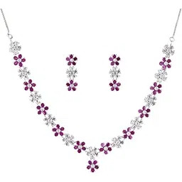 priviu Rhodium Plated Ruby American Diamond Studded Necklace and Earrings Set For Women and girls-picture-30