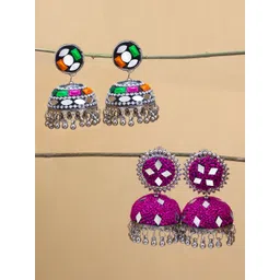 PRIVIU Set of 2 Silver-Plated Alloy Dome Shaped Artificial Stones and Beads Jhumkas-picture-42