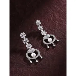 Priyaasi American Diamond and Pearl Adorned Silver-Plated Dangler Earrings-picture-13