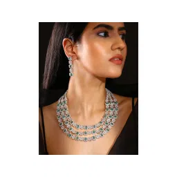 Priyaasi Floral Emerald Ad Design Three Layered Necklace with Elegance Drop Earrings Jewellery Set-picture-10
