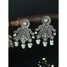 Priyaasi Floral Mint Green Studded Oxidized Silver Stud Earrings-picture-43