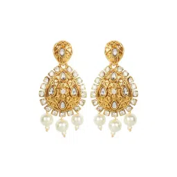 Priyaasi Gold-Plated AD & Kundan Studded Floral Pattern Tear Shaped Dangler Earrings-picture-12