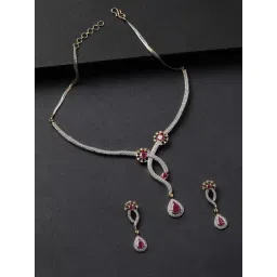 Priyaasi Gold-Plated American Diamond & Ruby Studded Jewellery Set in Floral Pattern-picture-36