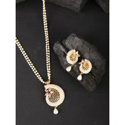 Priyaasi Gold-Plated Beads Studded Jewellery Set with Pearl Drop in Floral Pattern-picture-30