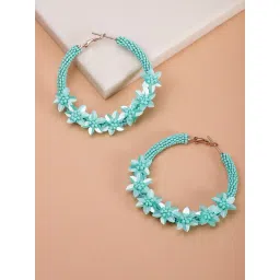 Priyaasi Gold-Plated Blue Beaded Floral Pattern Hoop Earrings-picture-35