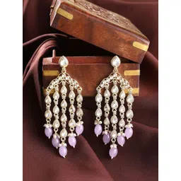 Priyaasi Gold-Plated Kundan Stone Studded & Pearls Beaded Tasselled Drop Earrings-picture-31