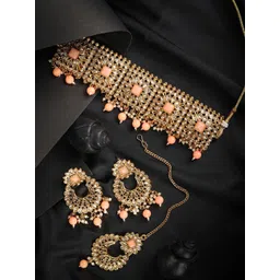 Priyaasi Gold-Plated Peach & White Kundan Studded & Beaded Jewellery Set-picture-38
