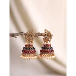 Priyaasi Gold-Plated Stones Studded Beads Beaded Peacock Shaped Jhumkas-picture-20